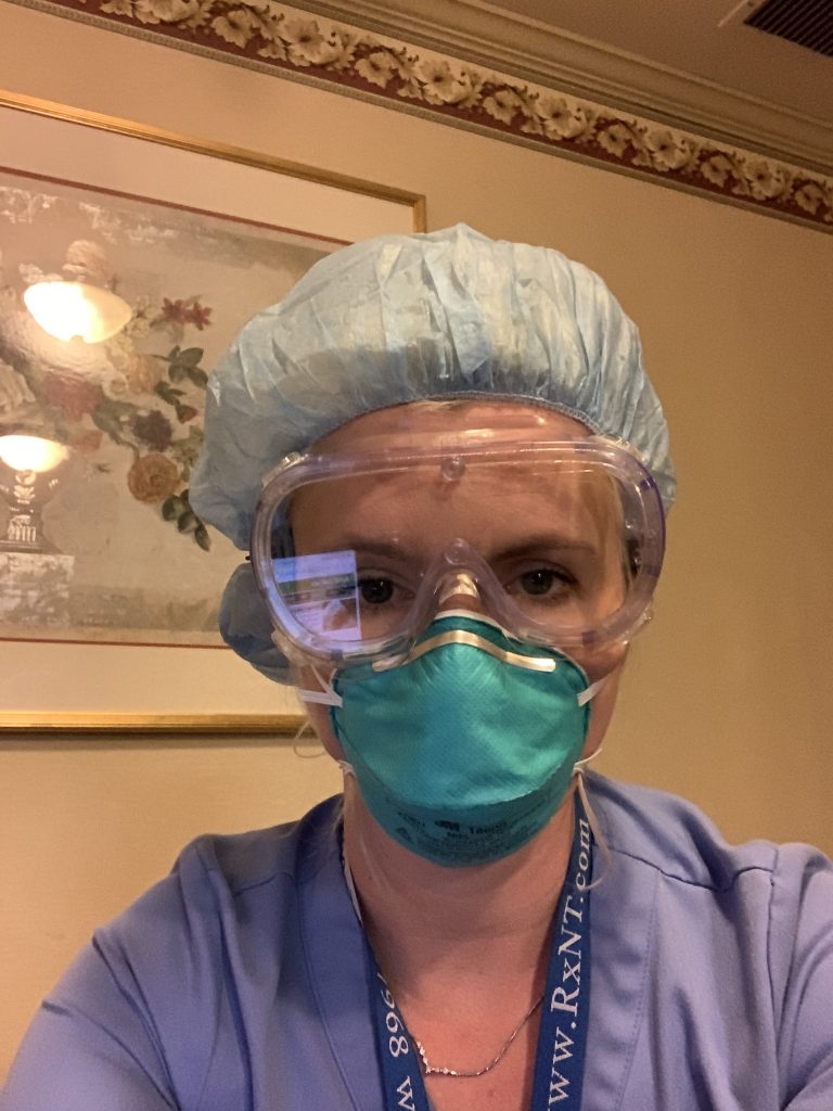 Meghan, a nurse practitioner with Hospice of the Chesapeake, is wearing PPE, or personal protective equipment, according to CDC standards, when she visits patients in skilled nursing facilities