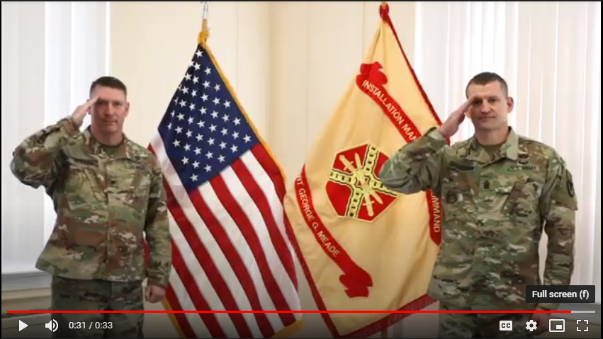 Fort George G. Meade’s Col. Erich C. Spragg and Command Sergeant Major Michael E. Behnkendorf offer a video Honor Salute to present to Hospice of the Chesapeake veteran patients.