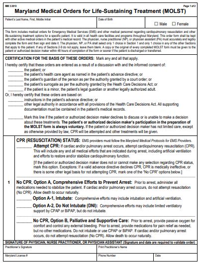 First page of Medical Orders for Life Sustaining Measures, or MOLST, form.