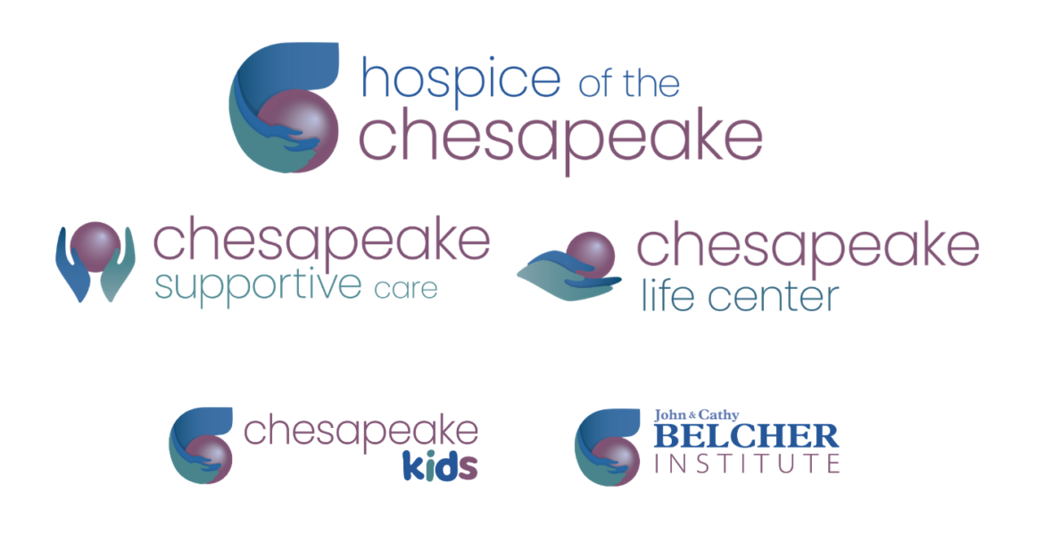 The new 2020 brand logos for Hospice of the Chesapeake, Chesapeake Life Center, Chesapeake Supportive Care, Chesapeake Kids, John and Cathy Belcher Institute