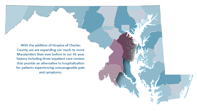 Map highlighting Anne Arundel, Prince George's and Charles County in Maryland as part of the growth of Hospice of the Chesapeake's region of care