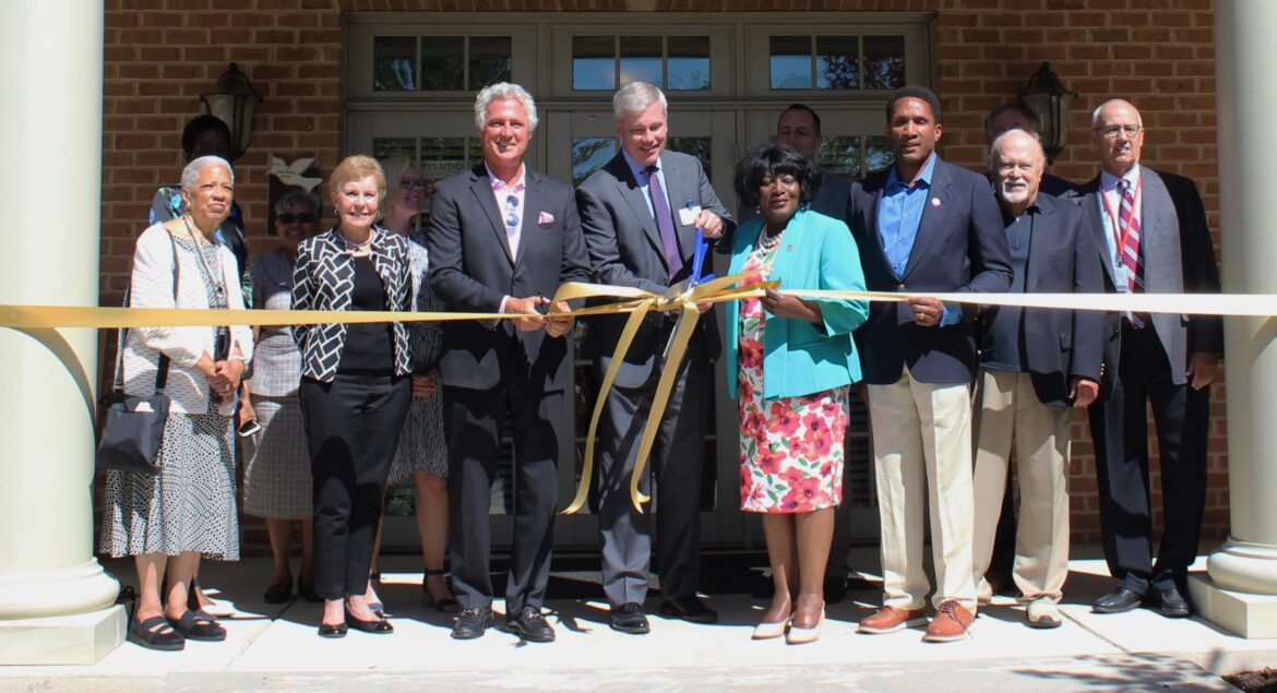 Pictured in the front row from left are Hospice of the Chesapeake board members Joyce Phillip, Tricia Lehmann, Brian Gibbons, President and CEO Mike Brady, Delegate Edith Patterson, Senator Arthur Ellis, board member Jim Humphrey and University of Maryland Charles Regional Medical Center President and CEO Noel Cervino at the Hospice of Charles County Ribbon Cutting on June 23, 2021.