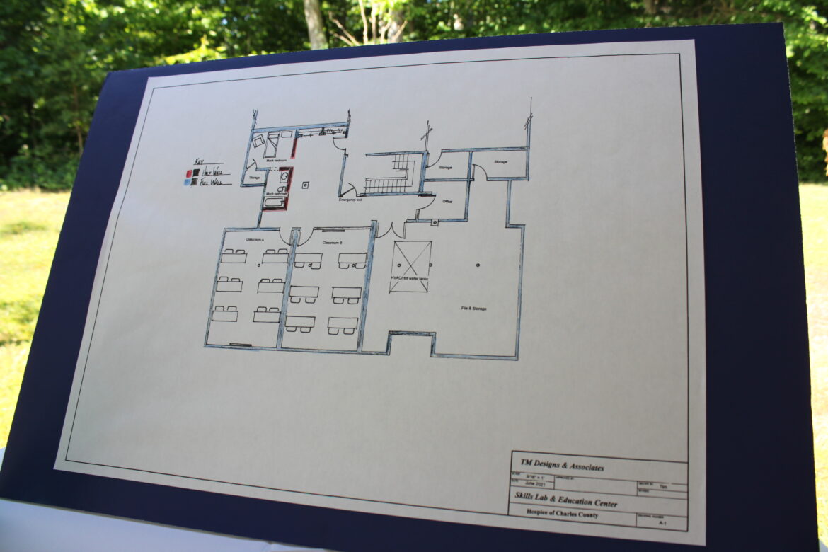 The floor plan for renovations to the lower level of the Hospice of Charles County center in Waldorf were on display at the ribbon cutting event held June 23, 2021.