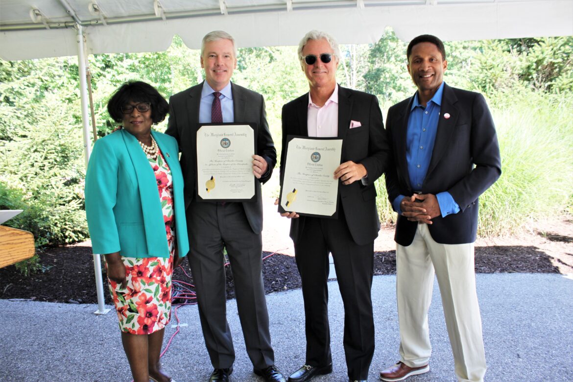 Pictured from left are Hospice of the Chesapeake board member Delegate Edith Patterson, Hospice of the Chesapeake President and CEO Mike Brady, Board Chairman Brian Gibbons and Senator Arthur Ellis at the Hospice of Charles County Ribbon Cutting held June 23, 2021.