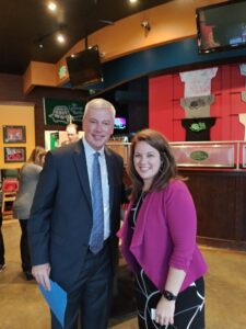 (Oct. 13, 2021) Hospice of the Chesapeake CEO Mike Brady, left, with Chelsea Clute of CSM Foundation, at the Rotary Club of Charles County (La Plata) weekly breakfast meeting at the Greene Turtle in La Plata, Maryland. Courtesy photo