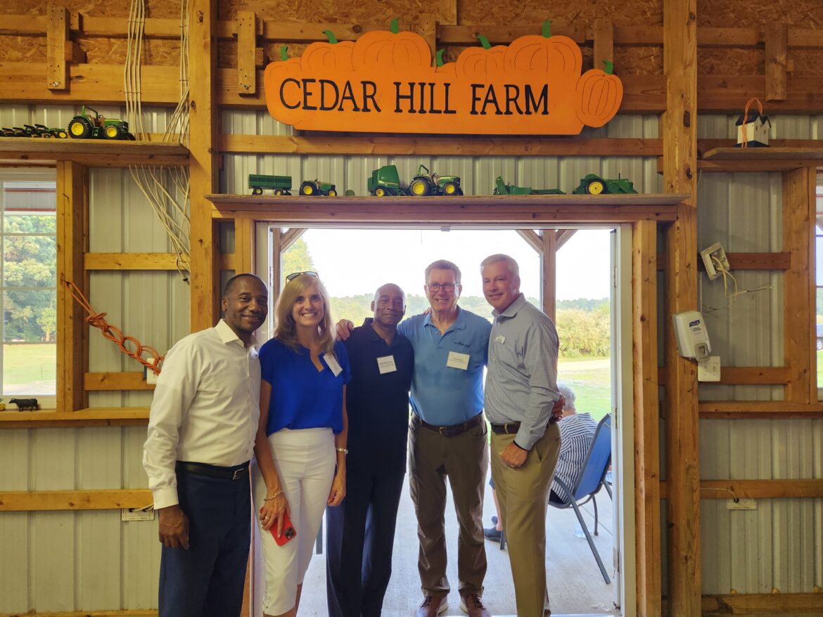 From left, Charles County Board of Commissioners President Reuben B. Collins II, LaPlata Mayor Jeannine James; State Senator Michael Jackson; former State Senator Mac Middleton, and Hospice of the Chesapeake President and CEO Mike Brady at Cedar Hill Farm in Waldorf, Maryland.
