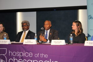 Maryland State Senator Michael Jackson, center, answers a question while Dr. Alvin Reaves and nurse practitioner Ashley Kinnally listen as Medical professionals and elected officials gathered at Bowie State University to discuss "Hospice and Palliative Care in Prince George’s County.