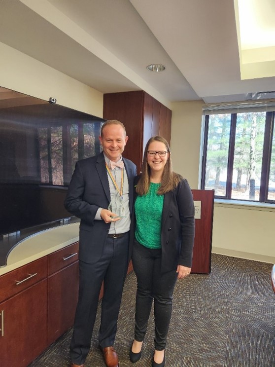 (Feb. 28, 2024) Brian Berger, Hospice of the Chesapeake Vice President of Care Continuum receives his Excellence in Innovation Award from Sarah Hemming, Leading Age Maryland Member Relations and Education Manager. Photo by Sandra Dillon, Hospice of the Chesapeake