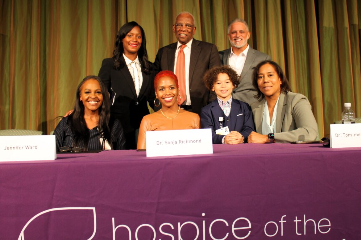 A photo featuring the panelists of the Hospice and Community Roundtable held in November at Tree of Life Christian Ministries. Pictured from top left are, Rachel Jordan, moderator; and panelists the Rev. James Robinson; and Council Member Sydney Harrison; From bottom left, panelists Jennifer Ward and Dr. Sonja Richmond; Dr. Archinard’s son, Blaine and panelist Dr. Tom-meka Archinard.