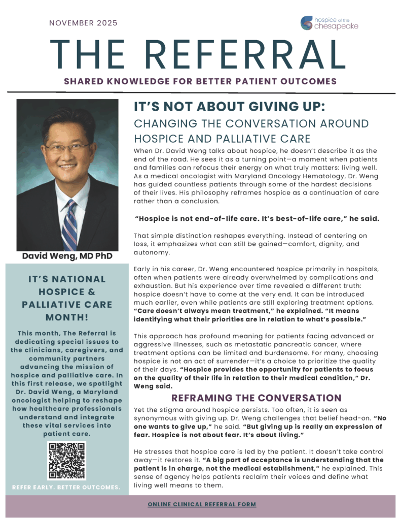 The front page of "The Referral" newsletter, November 2025, Part I, interview with Dr. David Weng